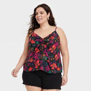 2X - Womens Cinched Tank Top - Ava Viv - Black Floral